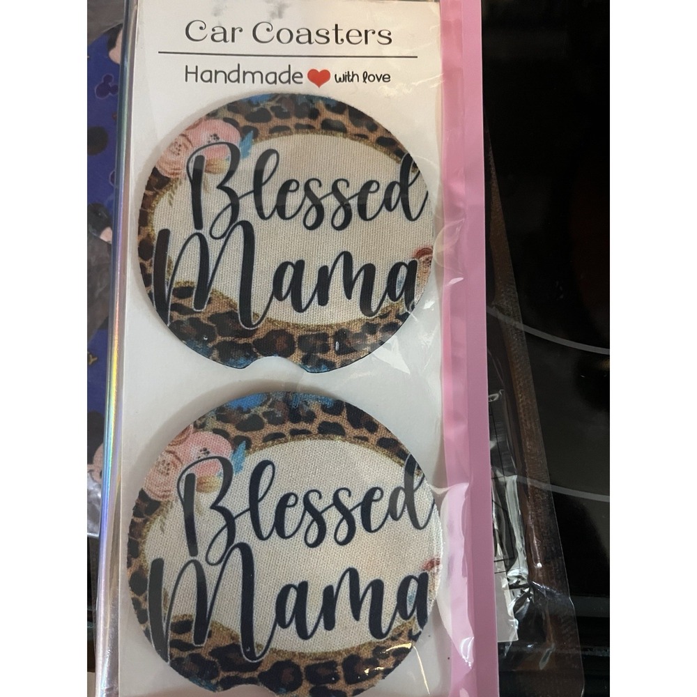 Blessed Mama Set of 2 Car Coasters Leopard Cheetah Print Neoprene